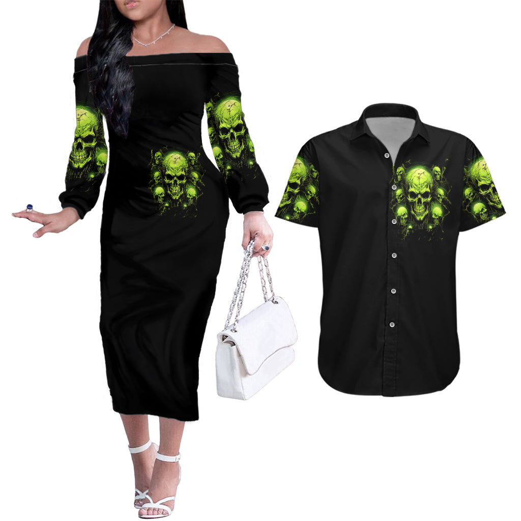 Thunder Skull Couples Matching Off The Shoulder Long Sleeve Dress and Hawaiian Shirt Thunder Skull I Never Alone My Demon With Me 24/7 - Wonder Print Shop