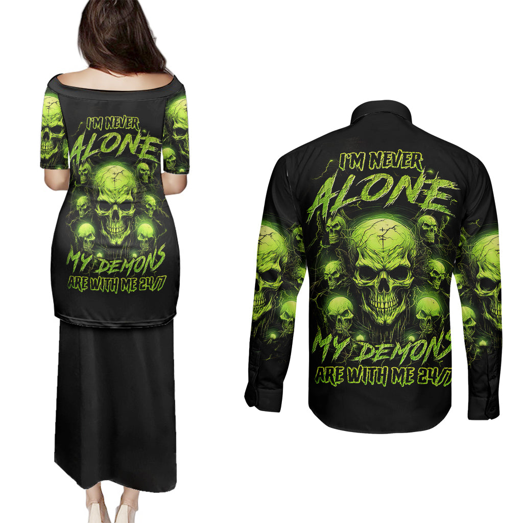 Thunder Skull Couples Matching Puletasi Dress and Long Sleeve Button Shirts Thunder Skull I Never Alone My Demon With Me 24/7 - Wonder Print Shop