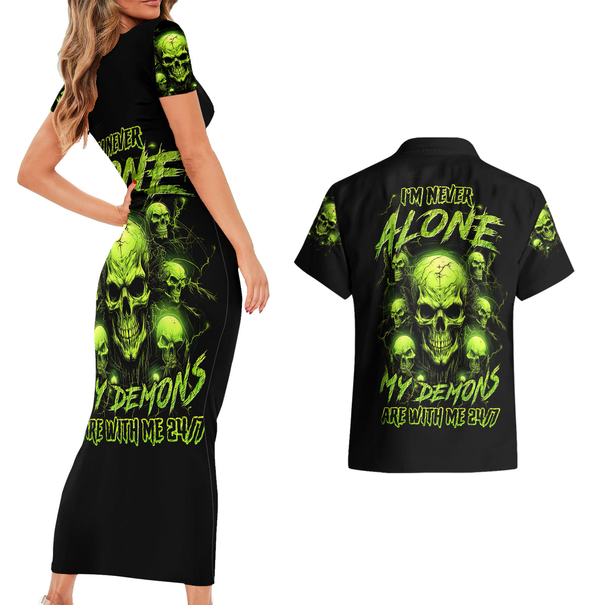 Thunder Skull Couples Matching Short Sleeve Bodycon Dress and Hawaiian Shirt Thunder Skull I Never Alone My Demon With Me 24/7 - Wonder Print Shop