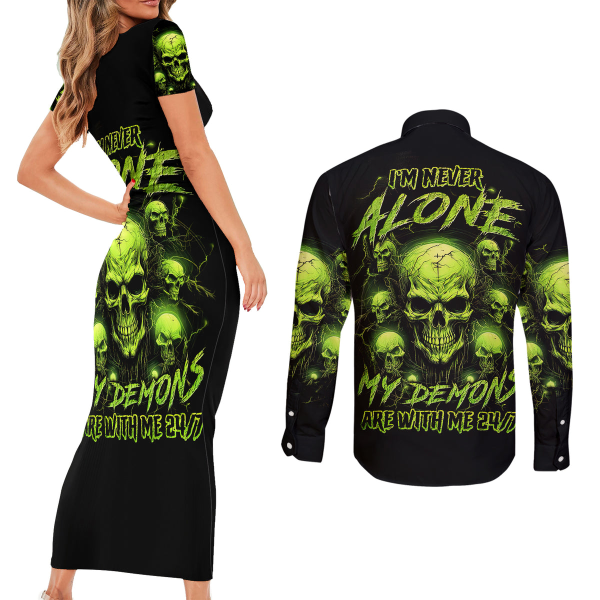 Thunder Skull Couples Matching Short Sleeve Bodycon Dress and Long Sleeve Button Shirts Thunder Skull I Never Alone My Demon With Me 24/7 - Wonder Print Shop