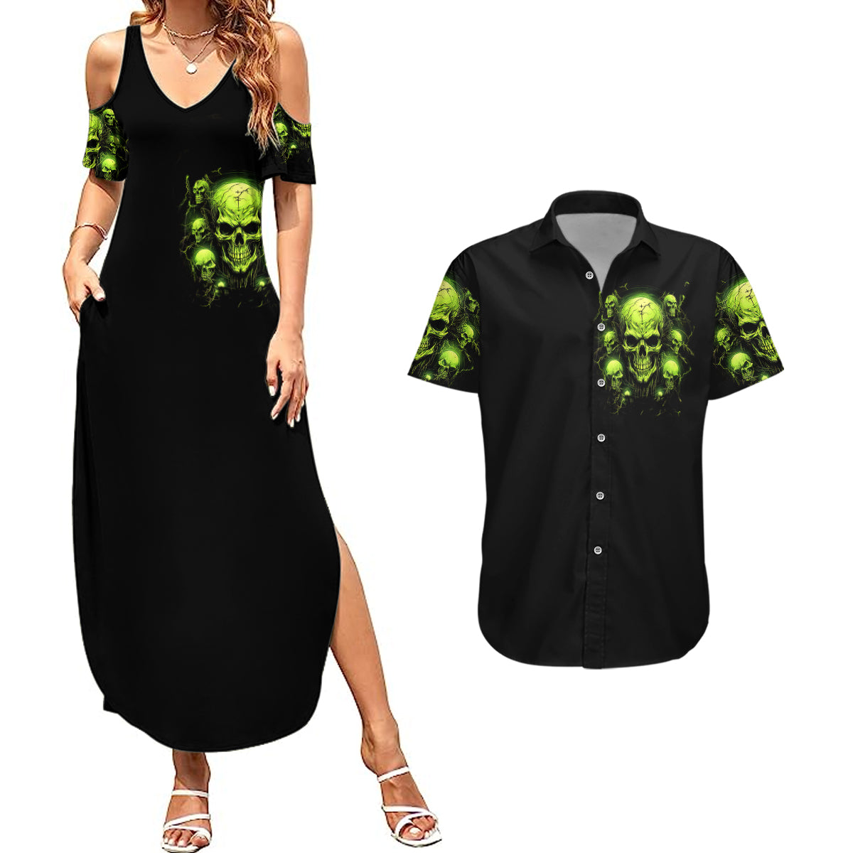 Thunder Skull Couples Matching Summer Maxi Dress and Hawaiian Shirt Thunder Skull I Never Alone My Demon With Me 24/7 - Wonder Print Shop