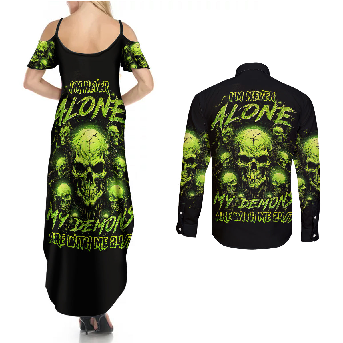 Thunder Skull Couples Matching Summer Maxi Dress and Long Sleeve Button Shirts Thunder Skull I Never Alone My Demon With Me 24/7 - Wonder Print Shop