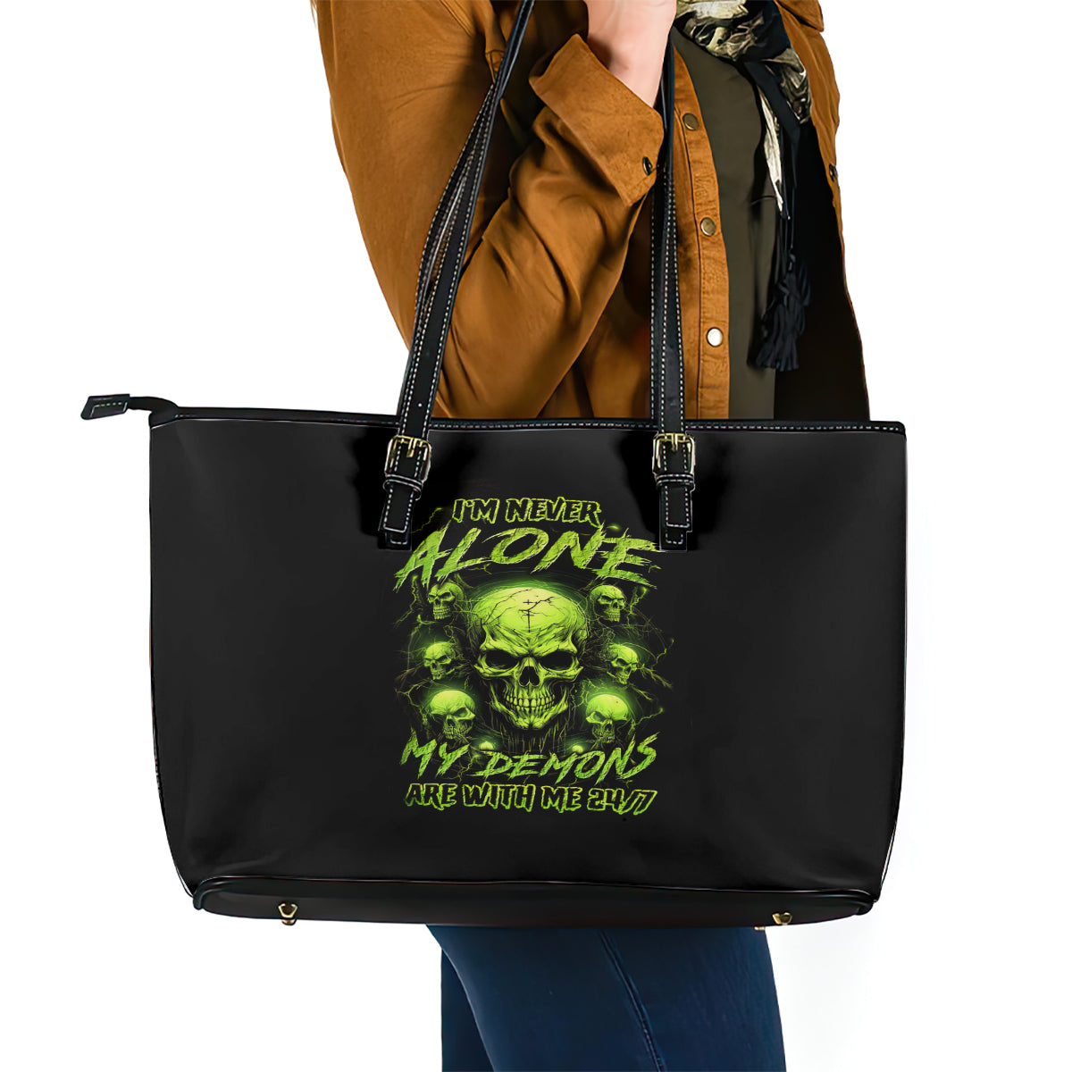 Thunder Skull Leather Tote Bag Thunder Skull I Never Alone My Demon With Me 24/7 - Wonder Print Shop