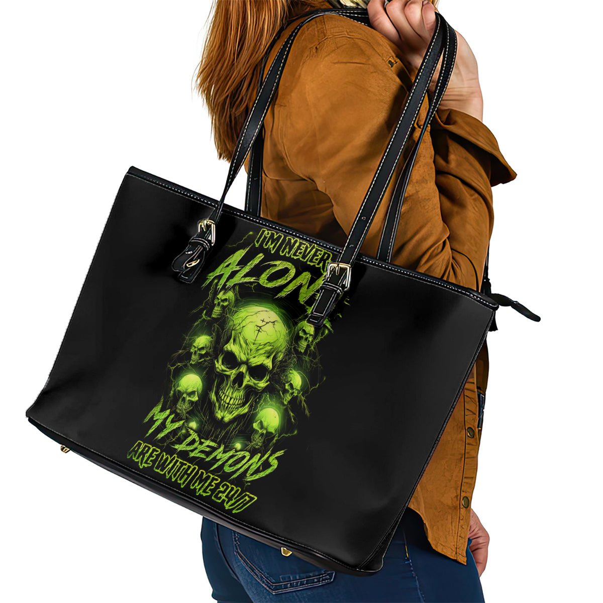 Thunder Skull Leather Tote Bag Thunder Skull I Never Alone My Demon With Me 24/7 - Wonder Print Shop
