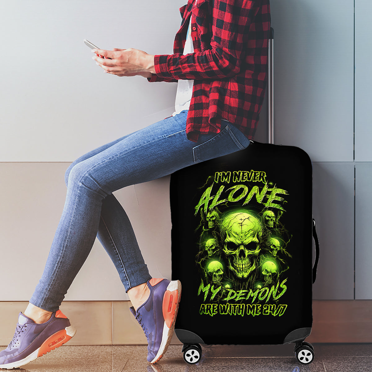 Thunder Skull Luggage Cover Thunder Skull I Never Alone My Demon With Me 24/7 - Wonder Print Shop