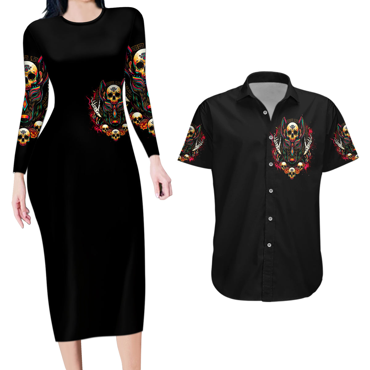 Anubis Skull Couples Matching Long Sleeve Bodycon Dress and Hawaiian Shirt Skull Anubis Don't Try To Figured Me Out - Wonder Print Shop