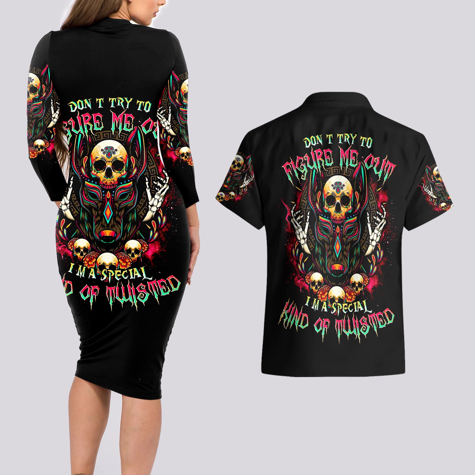 Anubis Skull Couples Matching Long Sleeve Bodycon Dress and Hawaiian Shirt Skull Anubis Don't Try To Figured Me Out - Wonder Print Shop