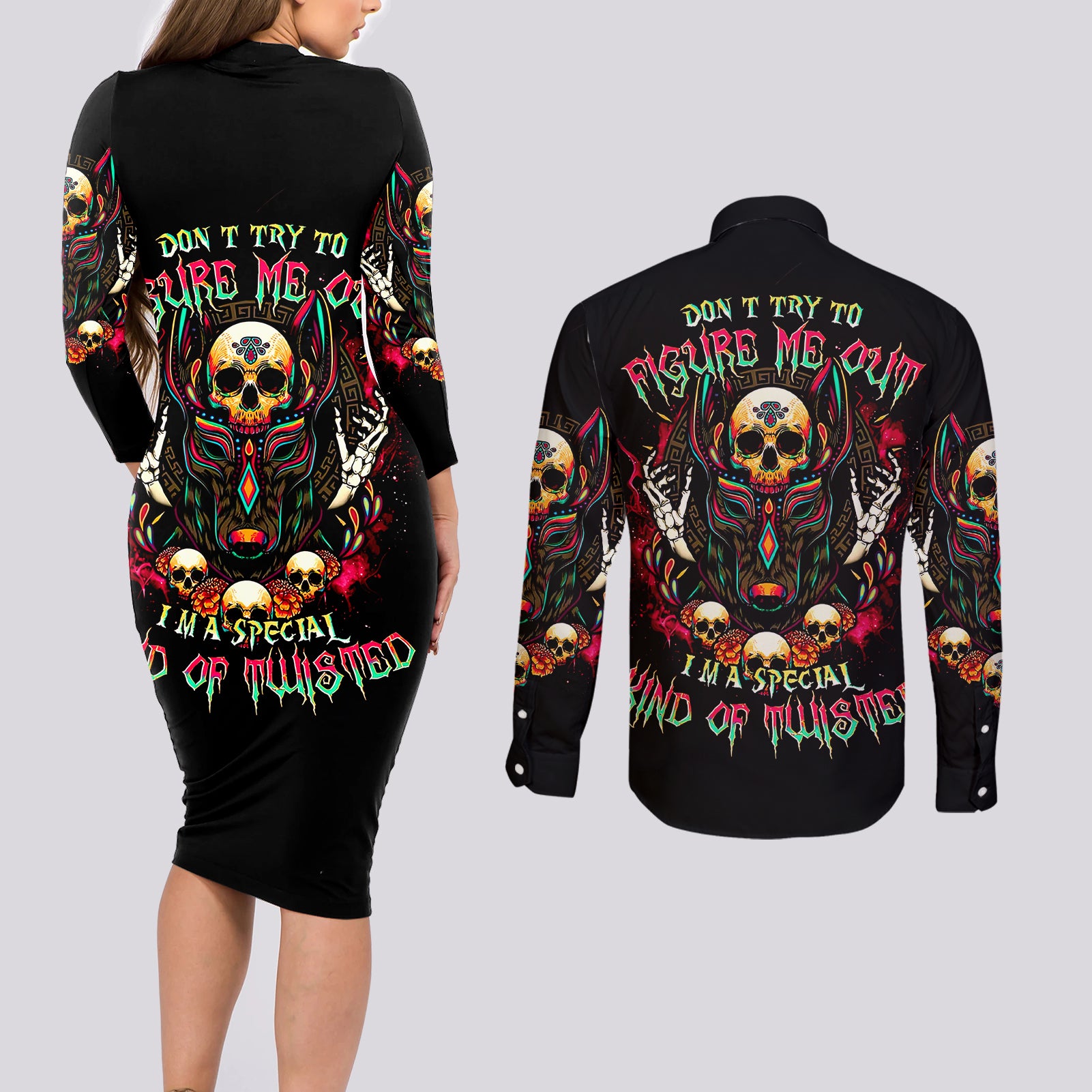 Anubis Skull Couples Matching Long Sleeve Bodycon Dress and Long Sleeve Button Shirts Skull Anubis Don't Try To Figured Me Out - Wonder Print Shop