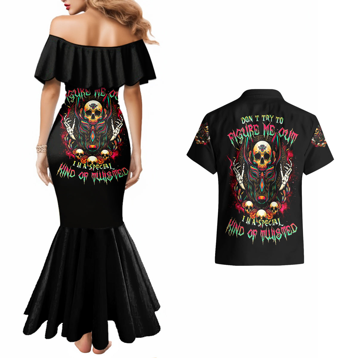 Anubis Skull Couples Matching Mermaid Dress and Hawaiian Shirt Skull Anubis Don't Try To Figured Me Out - Wonder Print Shop
