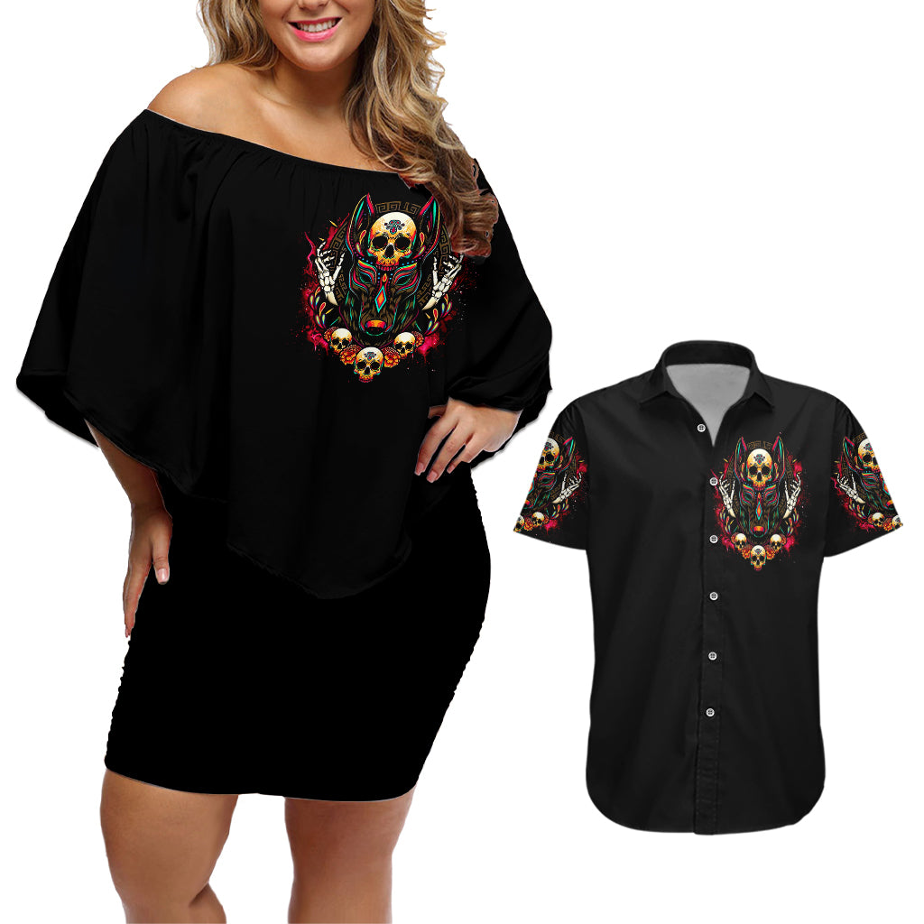 Anubis Skull Couples Matching Off Shoulder Short Dress and Hawaiian Shirt Skull Anubis Don't Try To Figured Me Out - Wonder Print Shop