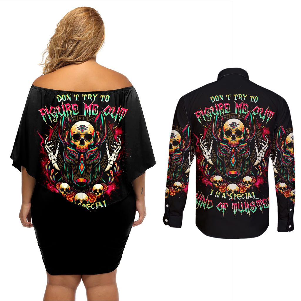Anubis Skull Couples Matching Off Shoulder Short Dress and Long Sleeve Button Shirts Skull Anubis Don't Try To Figured Me Out - Wonder Print Shop