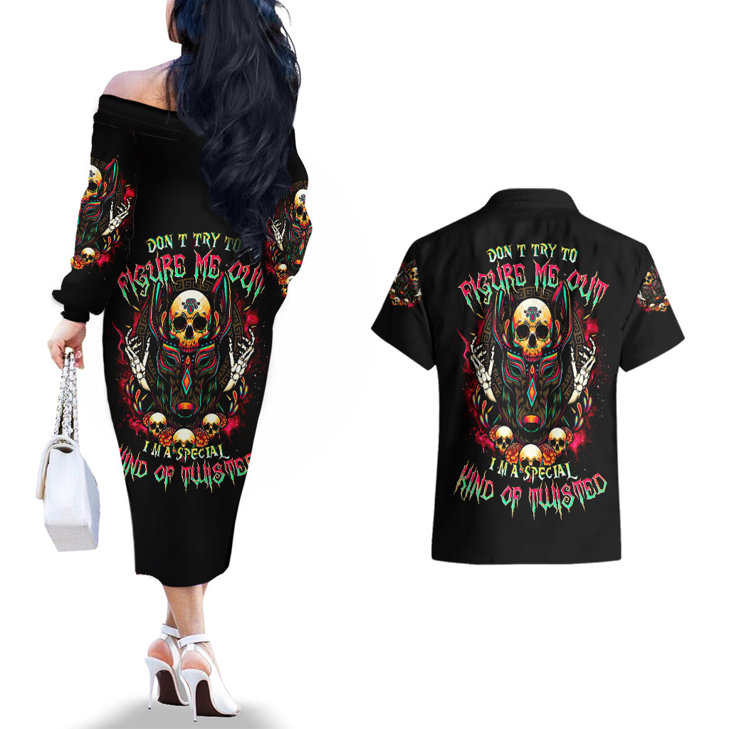 Anubis Skull Couples Matching Off The Shoulder Long Sleeve Dress and Hawaiian Shirt Skull Anubis Don't Try To Figured Me Out - Wonder Print Shop