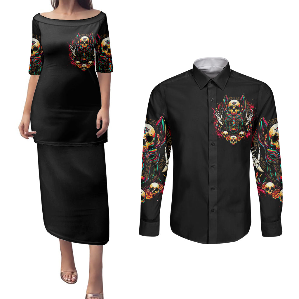Anubis Skull Couples Matching Puletasi Dress and Long Sleeve Button Shirts Skull Anubis Don't Try To Figured Me Out - Wonder Print Shop