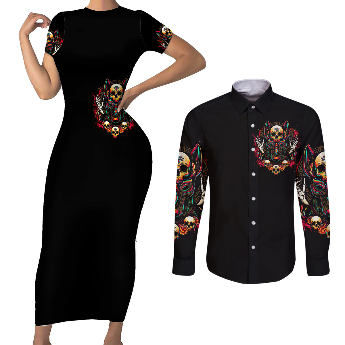 Anubis Skull Couples Matching Short Sleeve Bodycon Dress and Long Sleeve Button Shirts Skull Anubis Don't Try To Figured Me Out - Wonder Print Shop