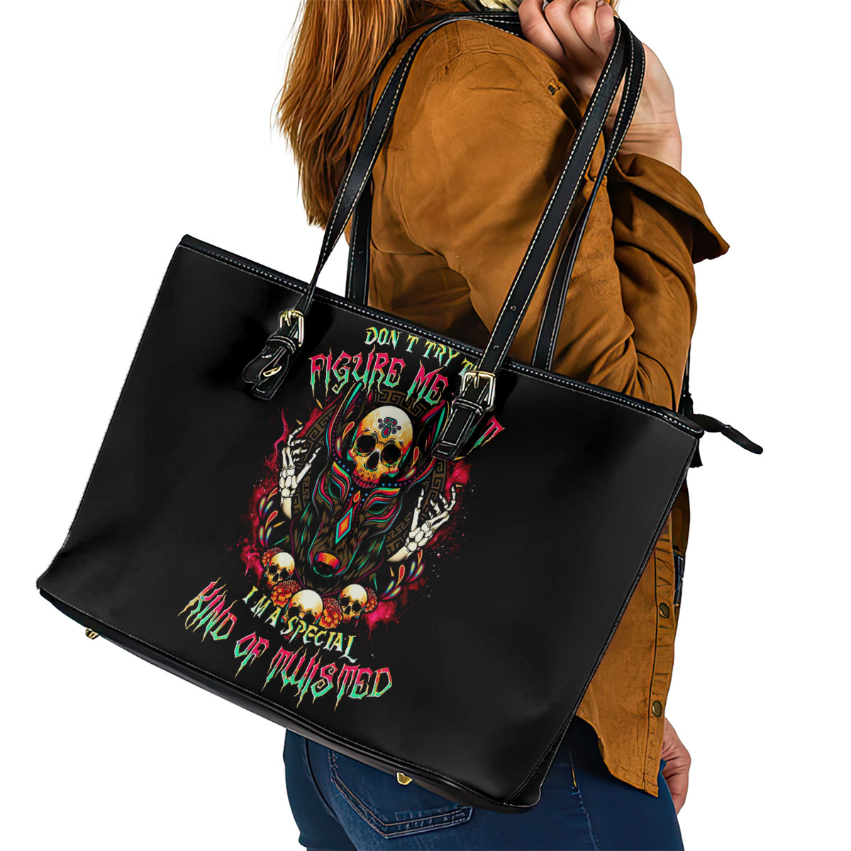 Anubis Skull Leather Tote Bag Skull Anubis Don't Try To Figured Me Out - Wonder Print Shop