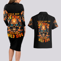 Flower Skull Couples Matching Long Sleeve Bodycon Dress and Hawaiian Shirt Litte Bit Of Heaven With A Wild Side - Wonder Print Shop
