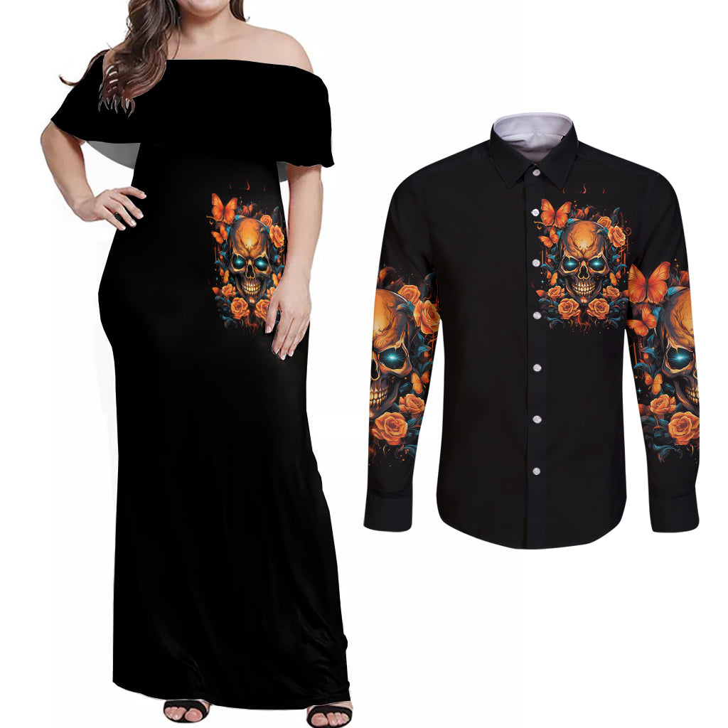 Flower Skull Couples Matching Off Shoulder Maxi Dress and Long Sleeve Button Shirts Litte Bit Of Heaven With A Wild Side - Wonder Print Shop