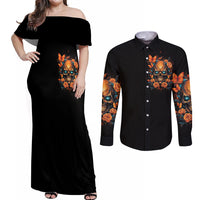 Flower Skull Couples Matching Off Shoulder Maxi Dress and Long Sleeve Button Shirts Litte Bit Of Heaven With A Wild Side - Wonder Print Shop