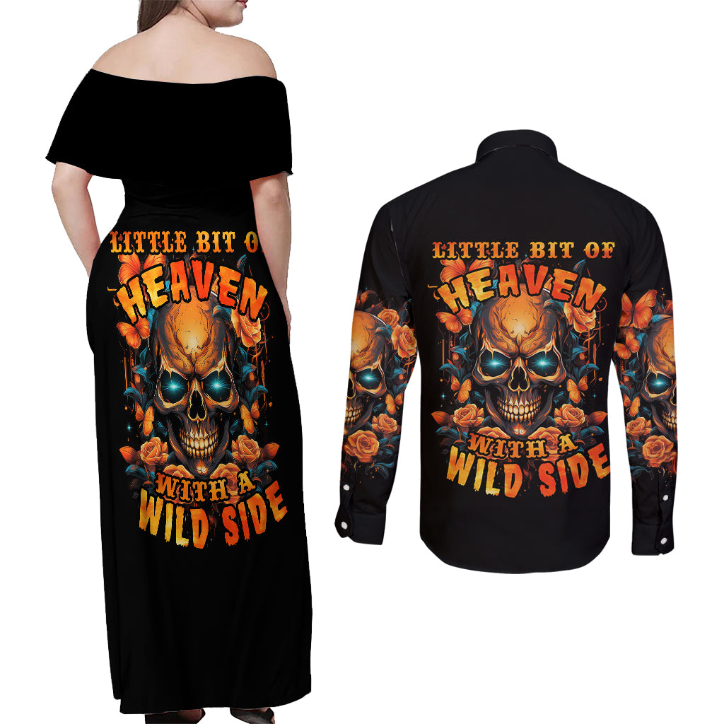 Flower Skull Couples Matching Off Shoulder Maxi Dress and Long Sleeve Button Shirts Litte Bit Of Heaven With A Wild Side - Wonder Print Shop