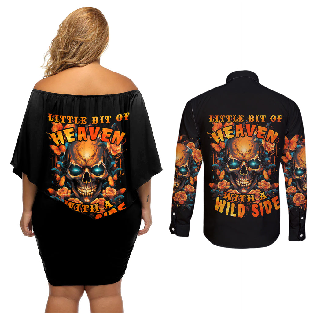 Flower Skull Couples Matching Off Shoulder Short Dress and Long Sleeve Button Shirts Litte Bit Of Heaven With A Wild Side - Wonder Print Shop
