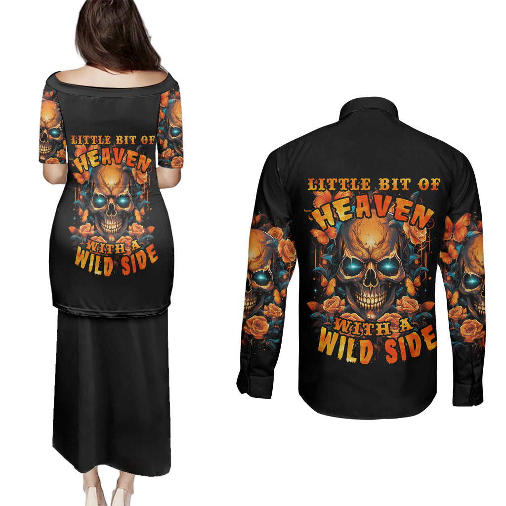 Flower Skull Couples Matching Puletasi Dress and Long Sleeve Button Shirts Litte Bit Of Heaven With A Wild Side - Wonder Print Shop