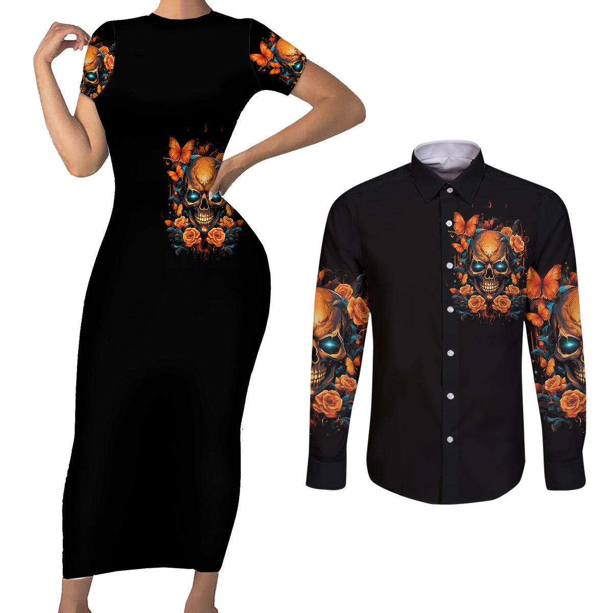 Flower Skull Couples Matching Short Sleeve Bodycon Dress and Long Sleeve Button Shirts Litte Bit Of Heaven With A Wild Side - Wonder Print Shop