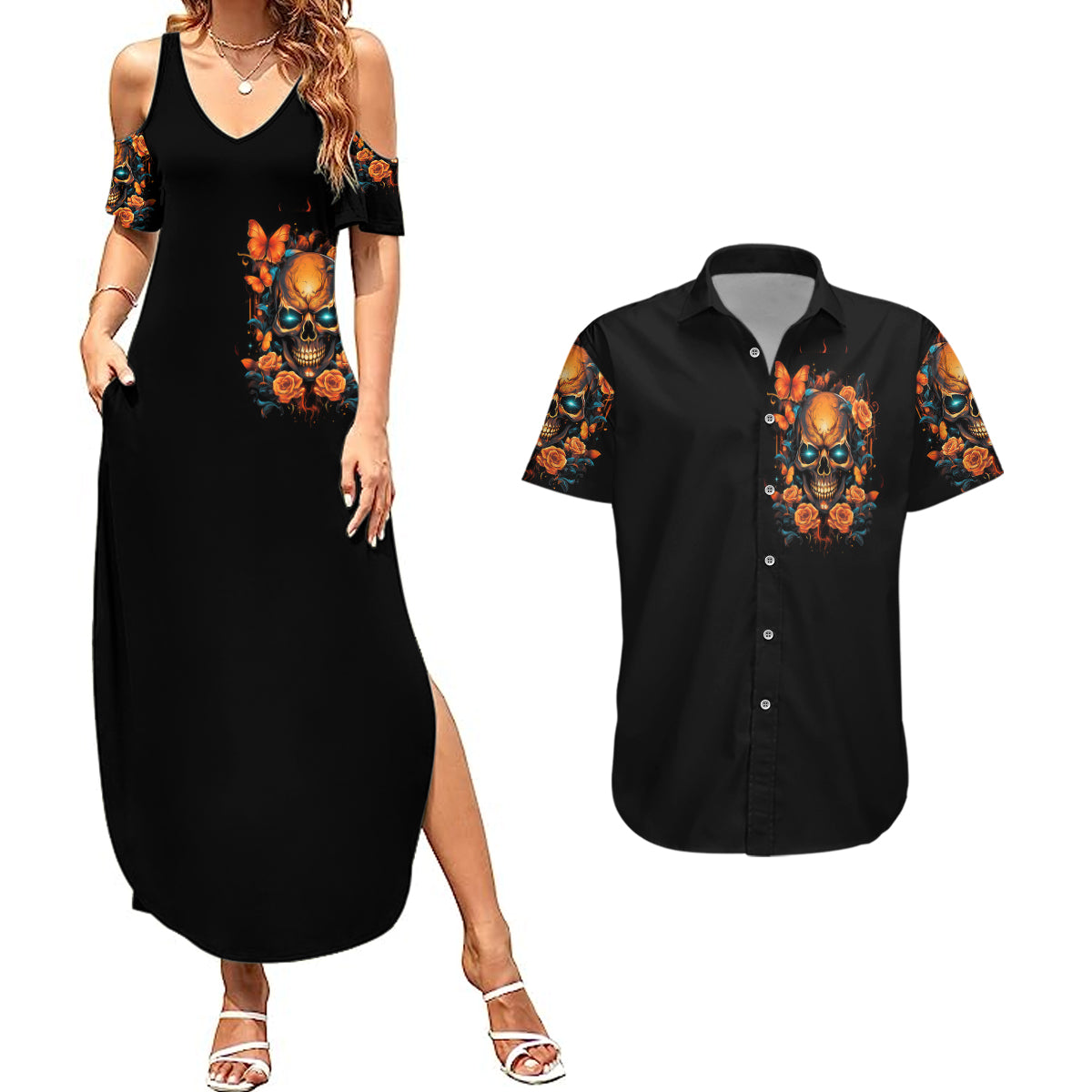 Flower Skull Couples Matching Summer Maxi Dress and Hawaiian Shirt Litte Bit Of Heaven With A Wild Side - Wonder Print Shop