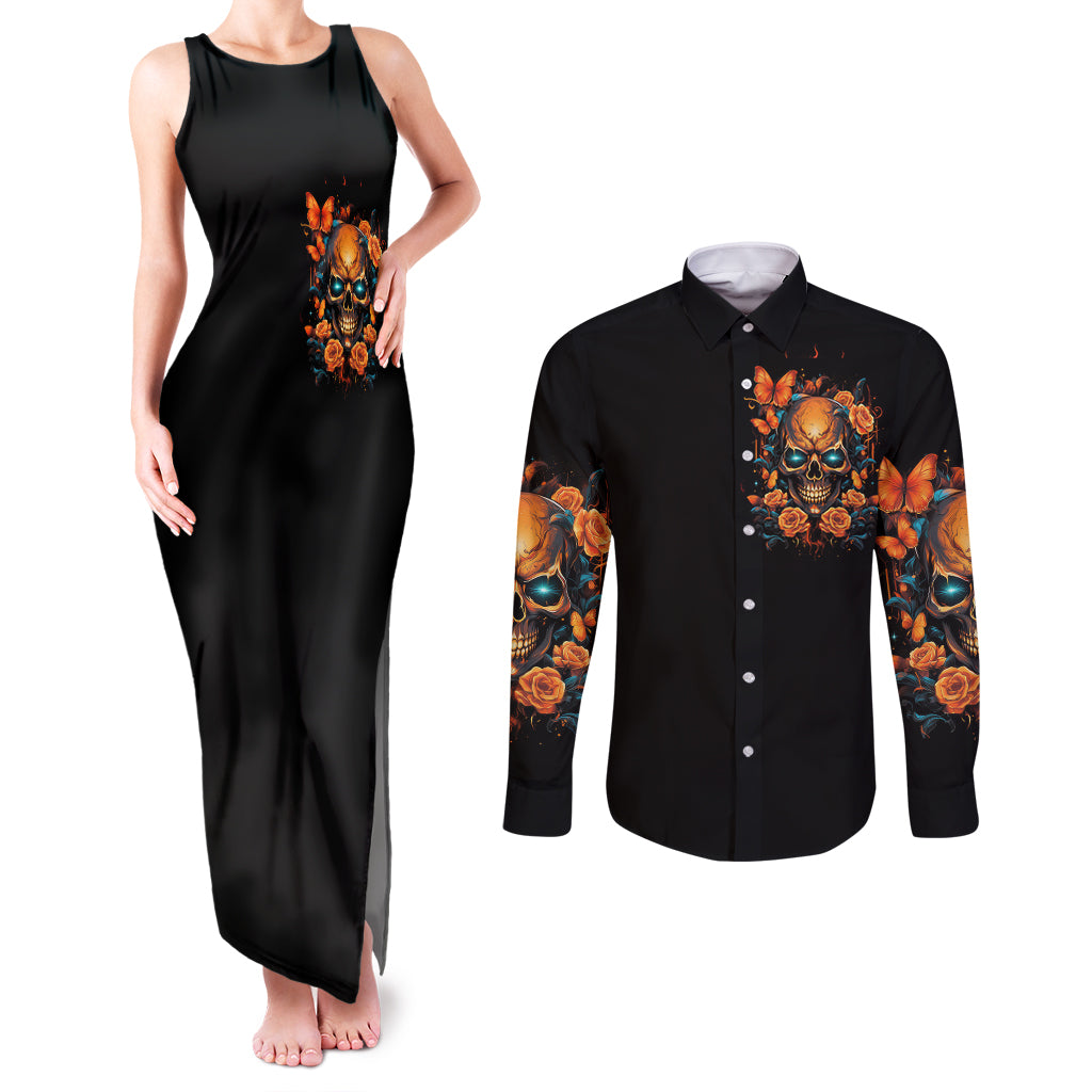 Flower Skull Couples Matching Tank Maxi Dress and Long Sleeve Button Shirts Litte Bit Of Heaven With A Wild Side - Wonder Print Shop