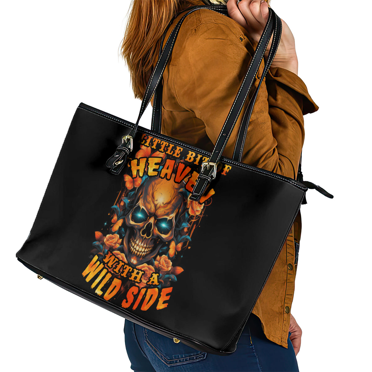 Flower Skull Leather Tote Bag Litte Bit Of Heaven With A Wild Side - Wonder Print Shop