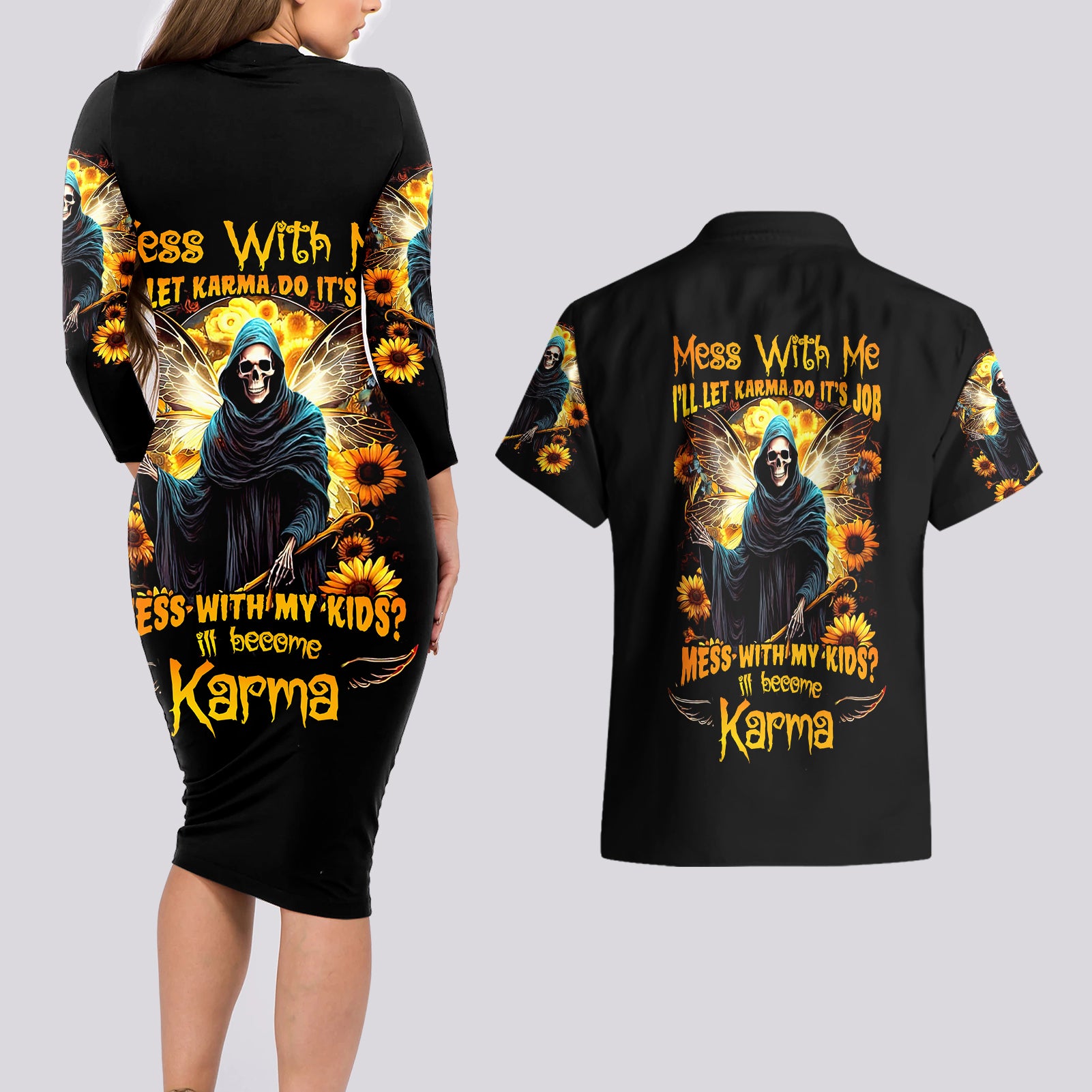 Fairy Death Skull Couples Matching Long Sleeve Bodycon Dress and Hawaiian Shirt Mess With Me I'll Let Karma Do It's Job - Wonder Print Shop