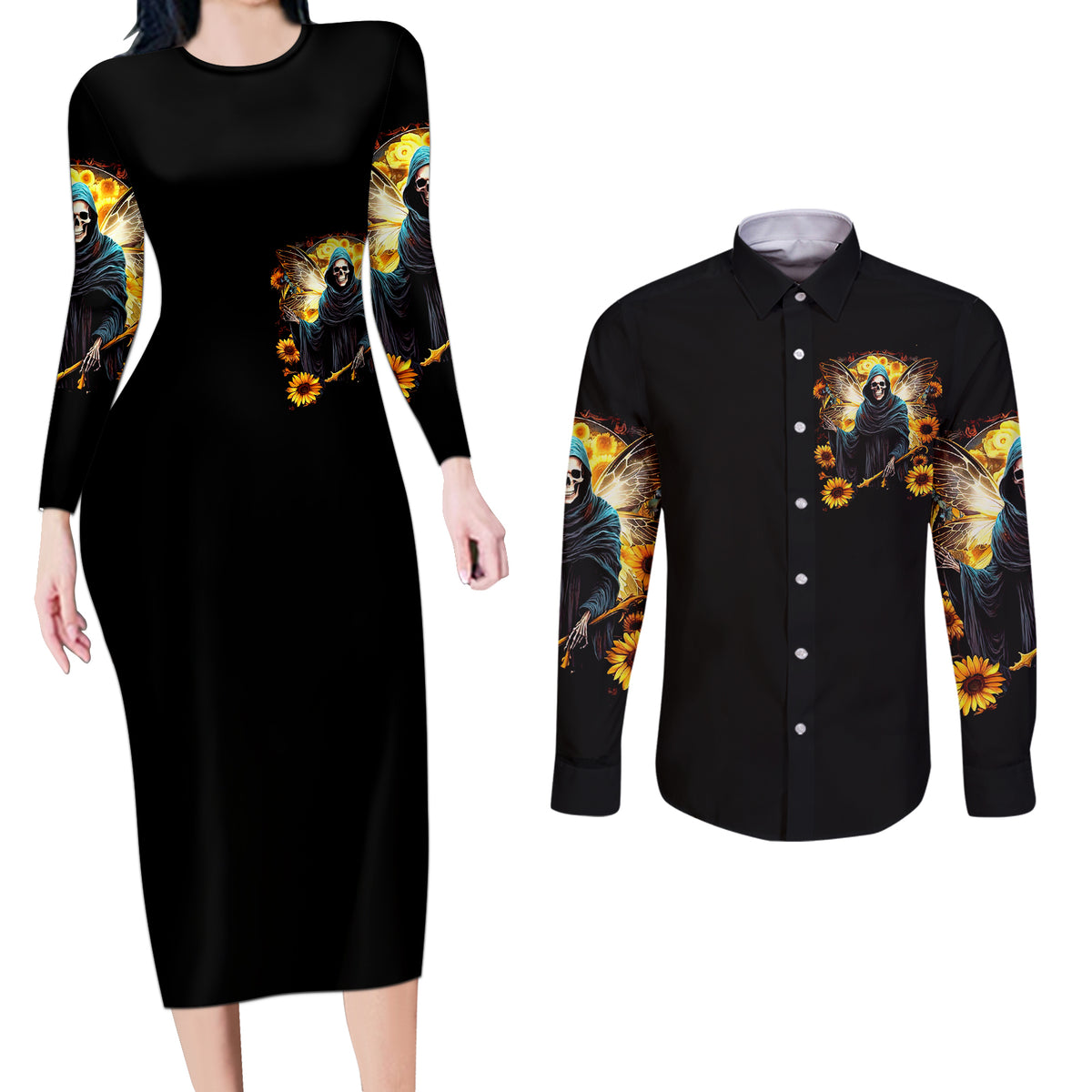 Fairy Death Skull Couples Matching Long Sleeve Bodycon Dress and Long Sleeve Button Shirts Mess With Me I'll Let Karma Do It's Job - Wonder Print Shop