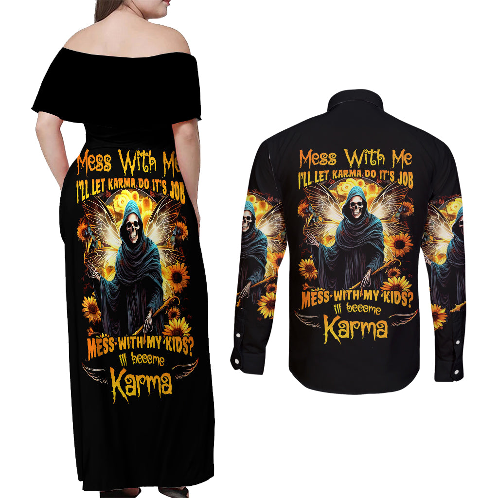 Fairy Death Skull Couples Matching Off Shoulder Maxi Dress and Long Sleeve Button Shirts Mess With Me I'll Let Karma Do It's Job - Wonder Print Shop