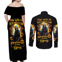 Fairy Death Skull Couples Matching Off Shoulder Maxi Dress and Long Sleeve Button Shirts Mess With Me I'll Let Karma Do It's Job - Wonder Print Shop