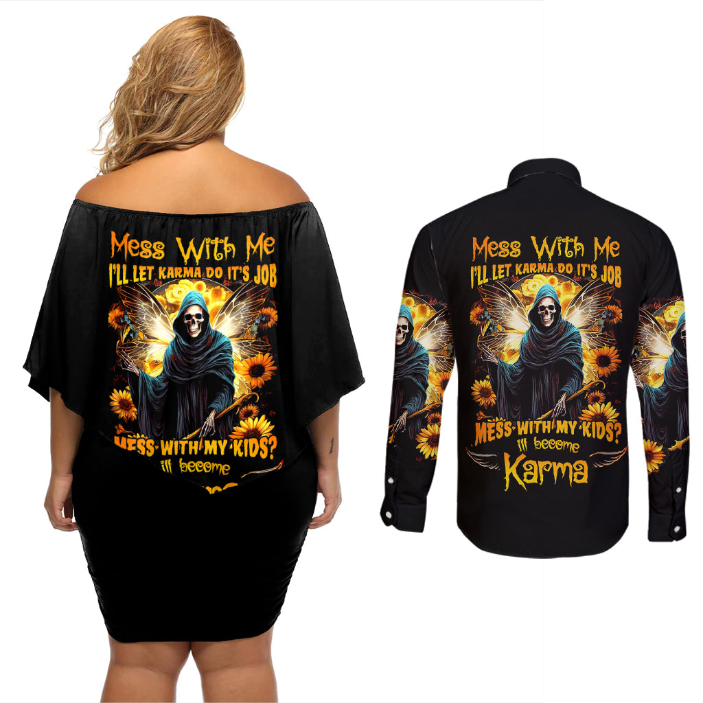 Fairy Death Skull Couples Matching Off Shoulder Short Dress and Long Sleeve Button Shirts Mess With Me I'll Let Karma Do It's Job - Wonder Print Shop