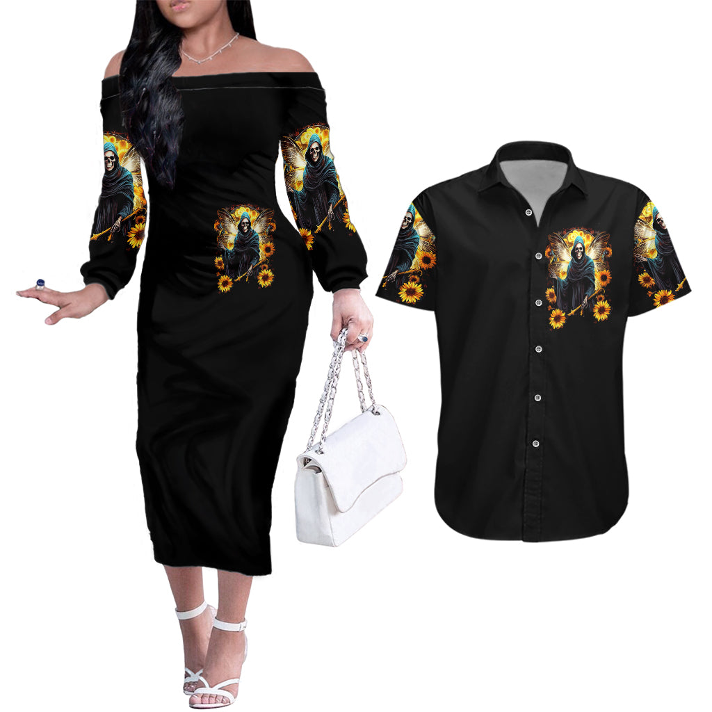 Fairy Death Skull Couples Matching Off The Shoulder Long Sleeve Dress and Hawaiian Shirt Mess With Me I'll Let Karma Do It's Job - Wonder Print Shop