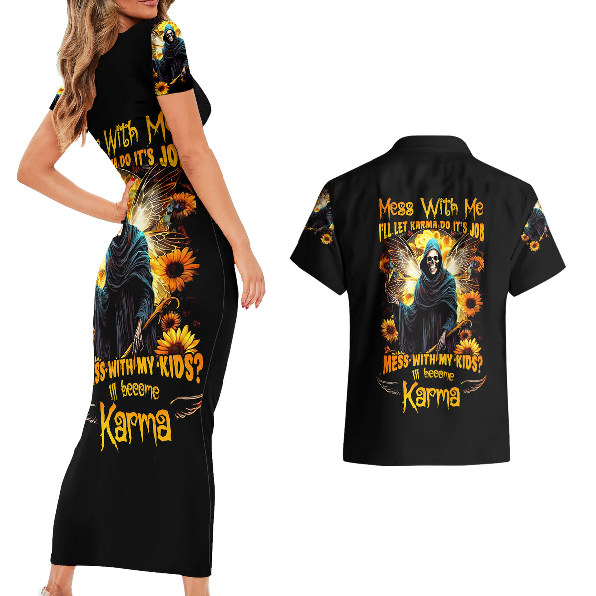 Fairy Death Skull Couples Matching Short Sleeve Bodycon Dress and Hawaiian Shirt Mess With Me I'll Let Karma Do It's Job - Wonder Print Shop