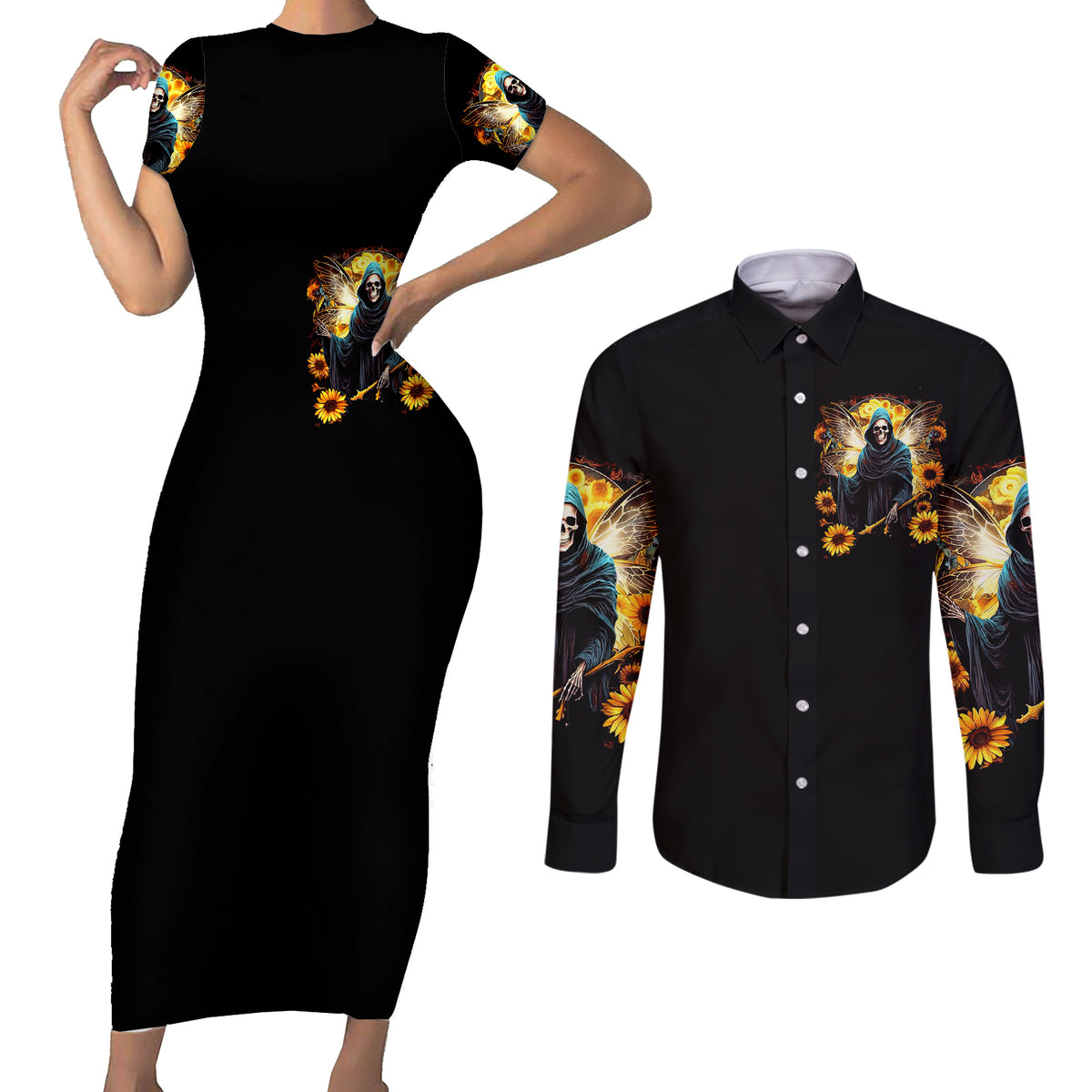 Fairy Death Skull Couples Matching Short Sleeve Bodycon Dress and Long Sleeve Button Shirts Mess With Me I'll Let Karma Do It's Job - Wonder Print Shop