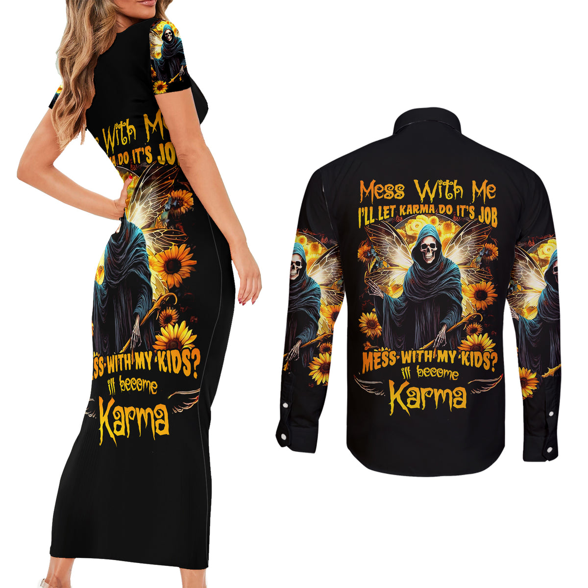 Fairy Death Skull Couples Matching Short Sleeve Bodycon Dress and Long Sleeve Button Shirts Mess With Me I'll Let Karma Do It's Job - Wonder Print Shop