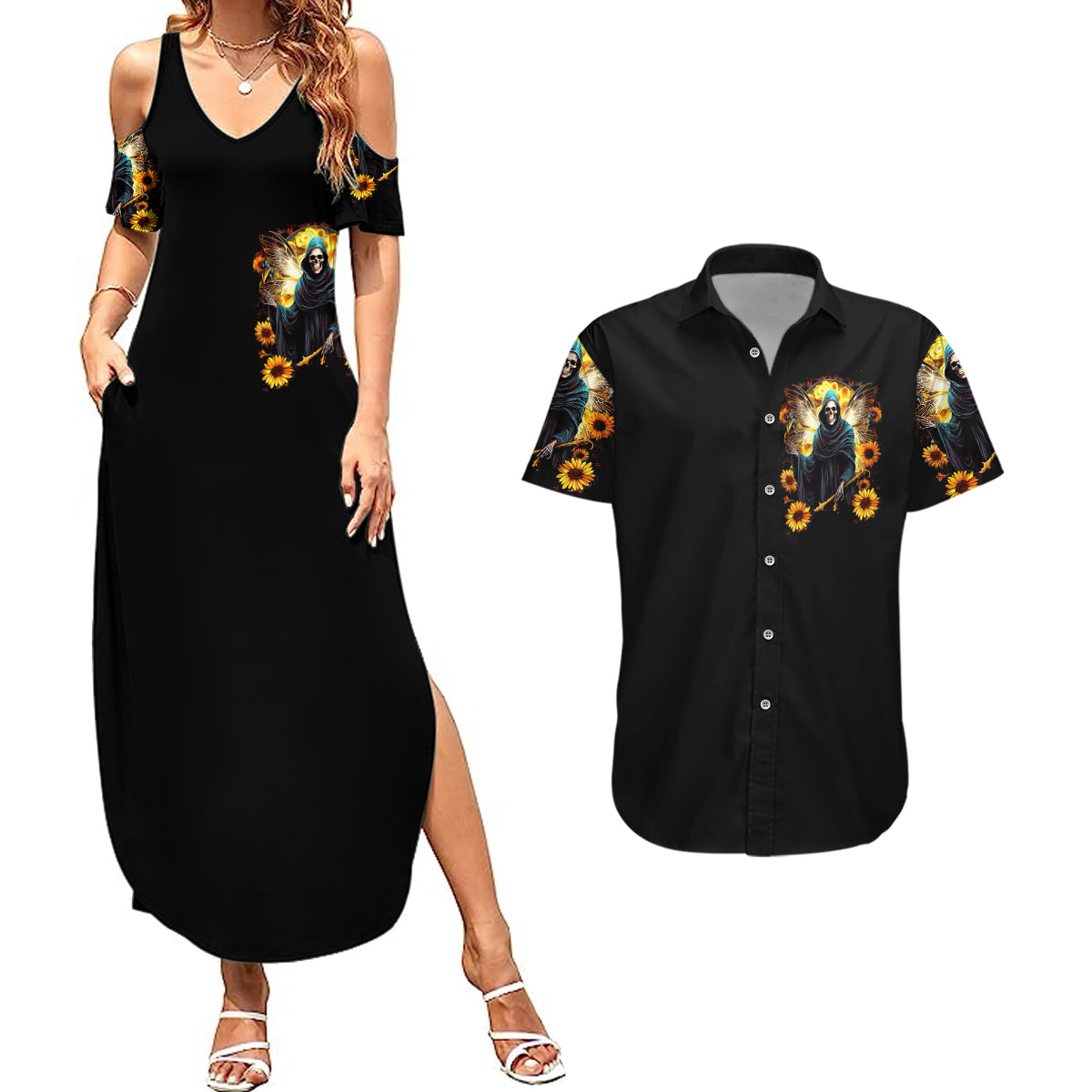 Fairy Death Skull Couples Matching Summer Maxi Dress and Hawaiian Shirt Mess With Me I'll Let Karma Do It's Job - Wonder Print Shop