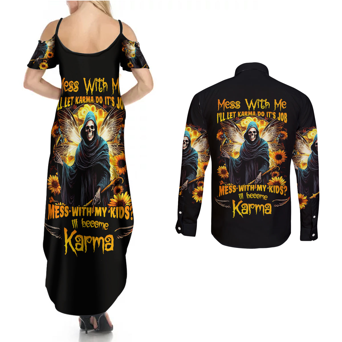 Fairy Death Skull Couples Matching Summer Maxi Dress and Long Sleeve Button Shirts Mess With Me I'll Let Karma Do It's Job - Wonder Print Shop