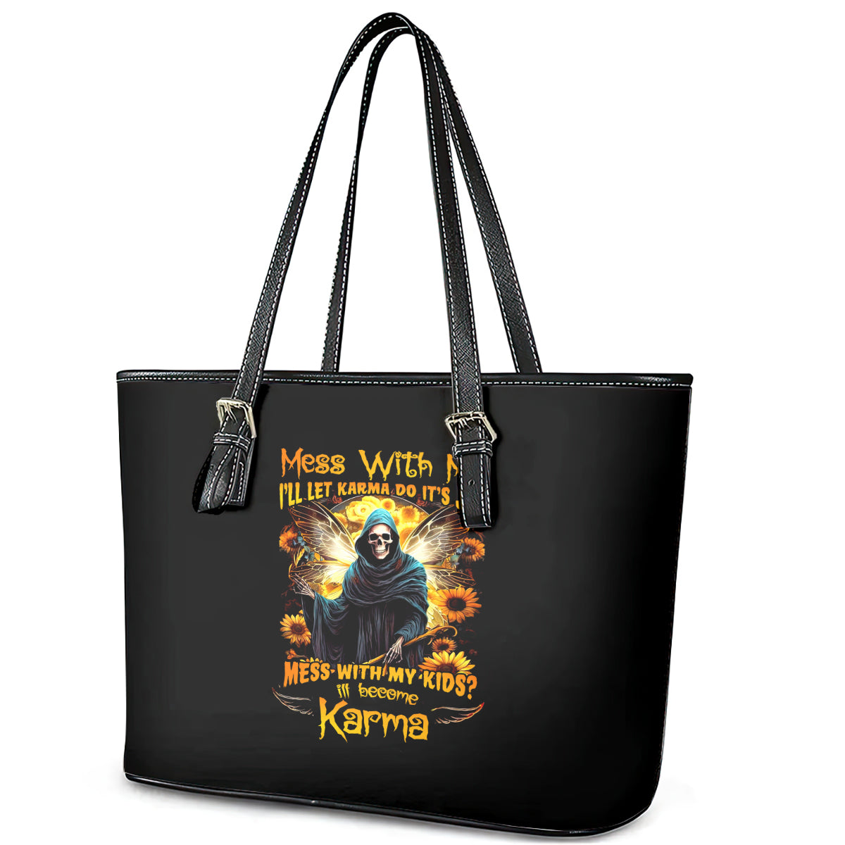 Fairy Death Skull Leather Tote Bag Mess With Me I'll Let Karma Do It's Job - Wonder Print Shop