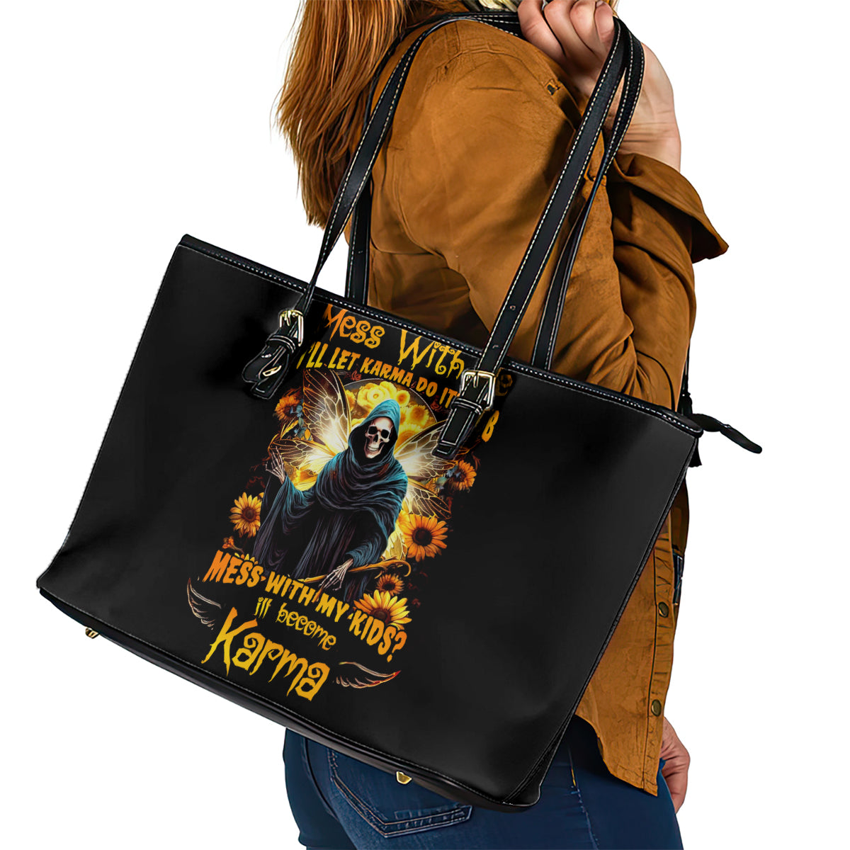 Fairy Death Skull Leather Tote Bag Mess With Me I'll Let Karma Do It's Job - Wonder Print Shop