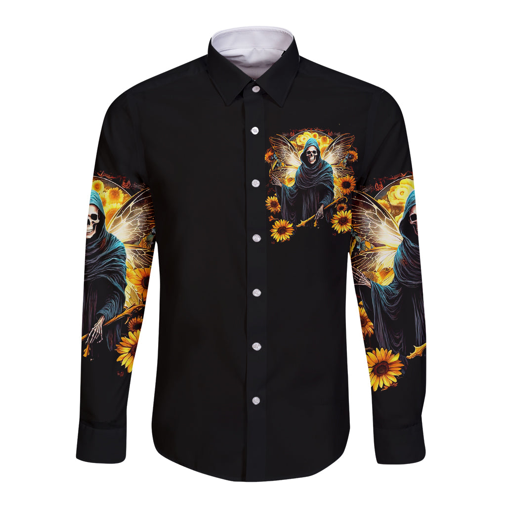 Fairy Death Skull Long Sleeve Button Shirt Mess With Me I'll Let Karma Do It's Job - Wonder Print Shop