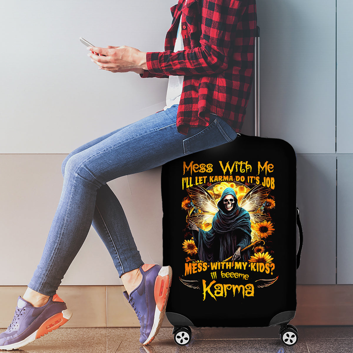 Fairy Death Skull Luggage Cover Mess With Me I'll Let Karma Do It's Job - Wonder Print Shop