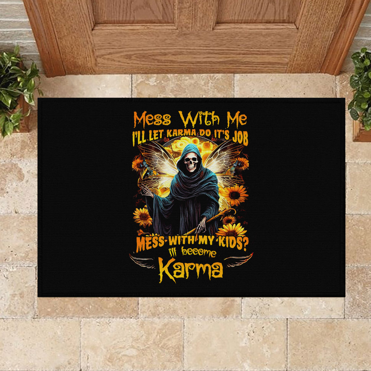 Fairy Death Skull Rubber Doormat Mess With Me I'll Let Karma Do It's Job - Wonder Print Shop