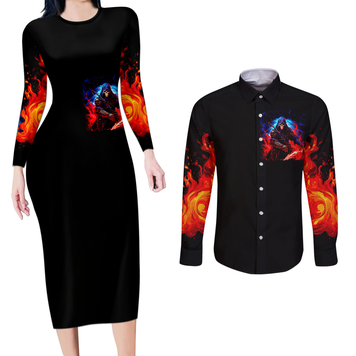 Death Skull Couples Matching Long Sleeve Bodycon Dress and Long Sleeve Button Shirts Of Course I'm Going To Hell - Wonder Print Shop