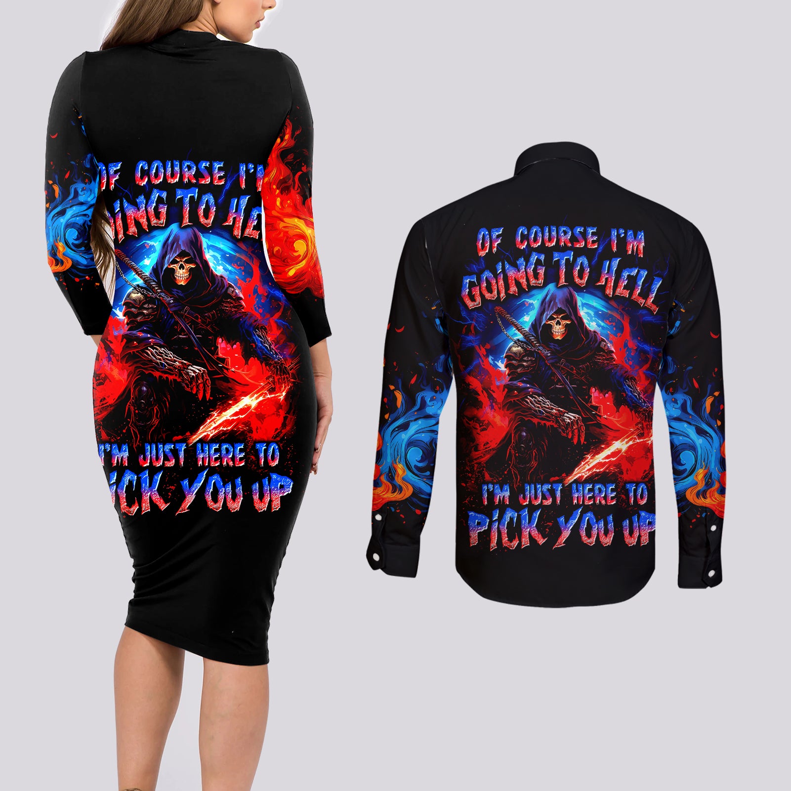 Death Skull Couples Matching Long Sleeve Bodycon Dress and Long Sleeve Button Shirts Of Course I'm Going To Hell - Wonder Print Shop