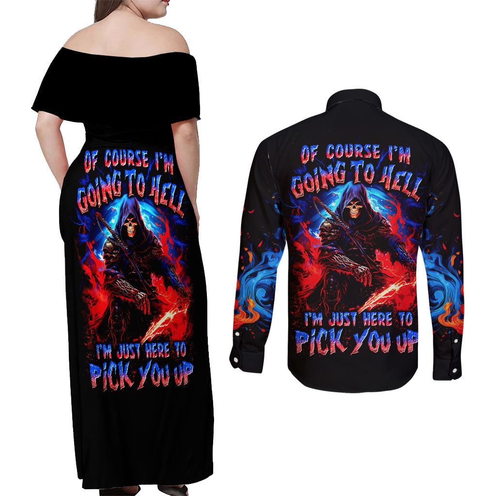 Death Skull Couples Matching Off Shoulder Maxi Dress and Long Sleeve Button Shirts Of Course I'm Going To Hell - Wonder Print Shop