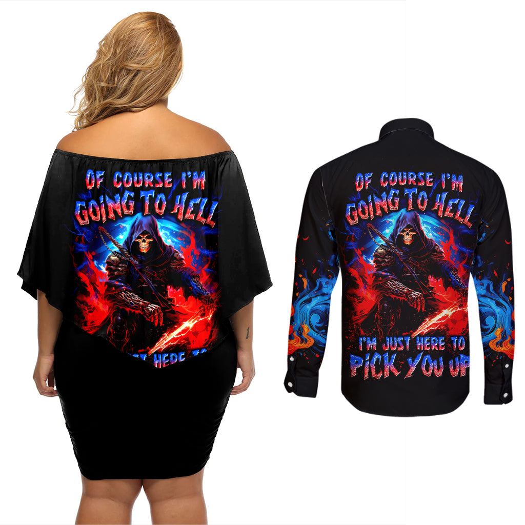 Death Skull Couples Matching Off Shoulder Short Dress and Long Sleeve Button Shirts Of Course I'm Going To Hell - Wonder Print Shop