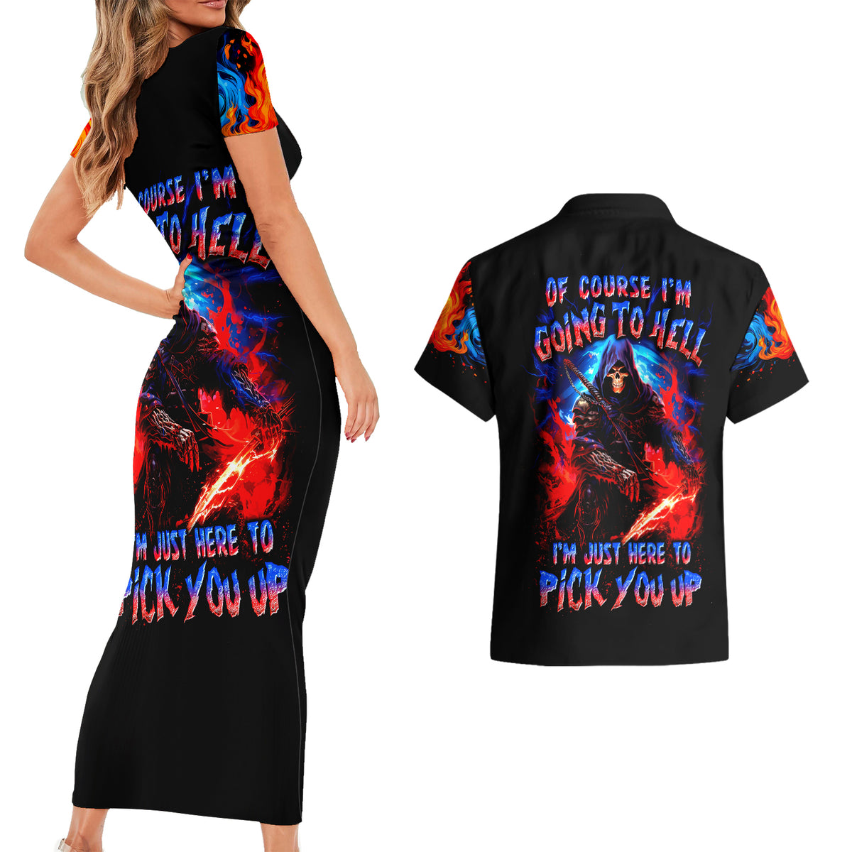 Death Skull Couples Matching Short Sleeve Bodycon Dress and Hawaiian Shirt Of Course I'm Going To Hell - Wonder Print Shop